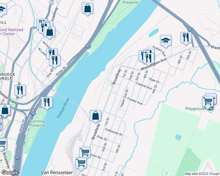 map of restaurants, bars, coffee shops, grocery stores, and more near 1511 Broadway in Rensselaer