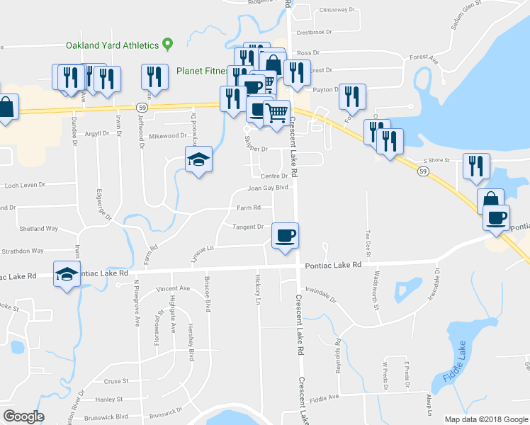 map of restaurants, bars, coffee shops, grocery stores, and more near 5101 Farm Road in Waterford Township