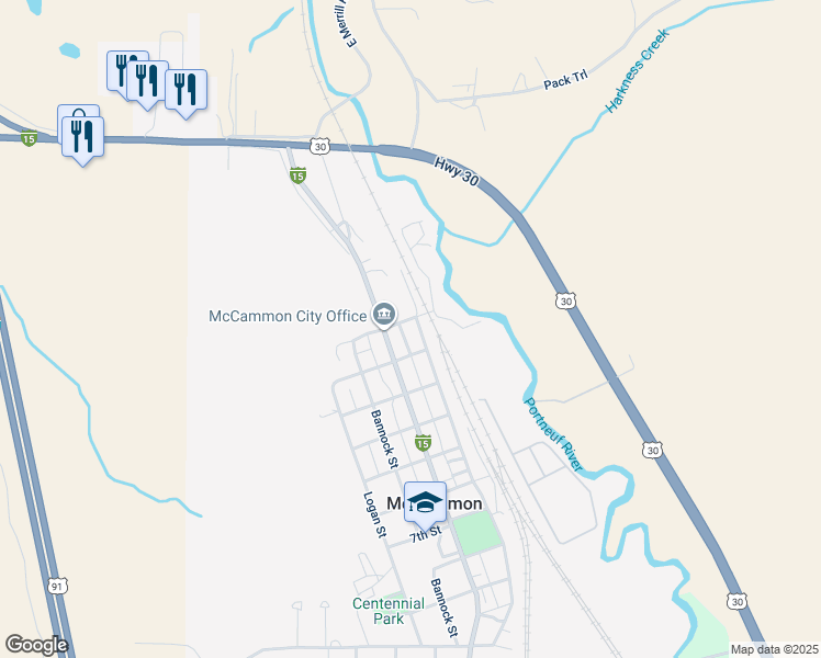 map of restaurants, bars, coffee shops, grocery stores, and more near 104 Front Street in McCammon