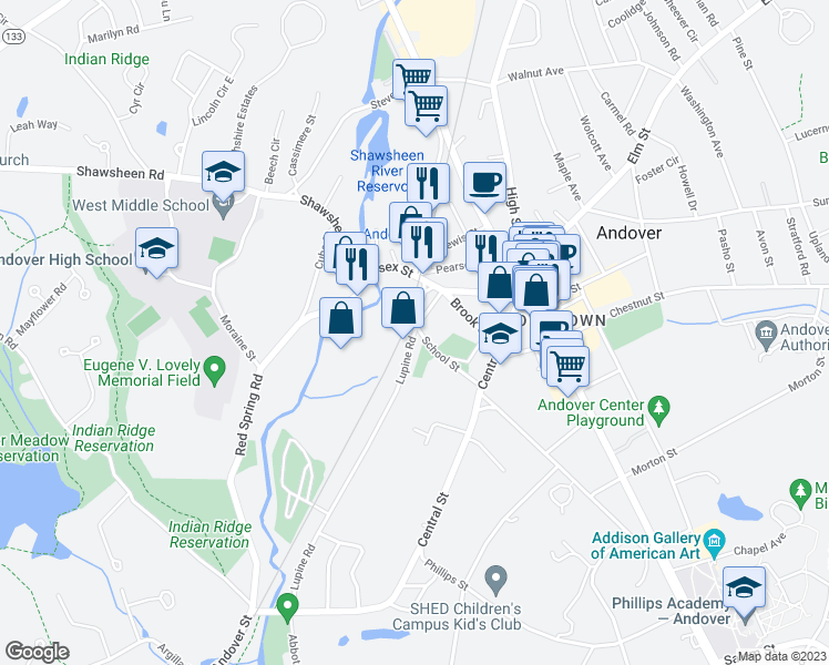 map of restaurants, bars, coffee shops, grocery stores, and more near 98 School Street in Andover