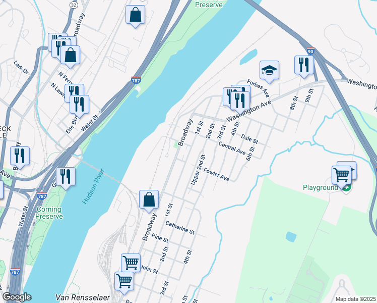 map of restaurants, bars, coffee shops, grocery stores, and more near 1531 1st Street in Rensselaer