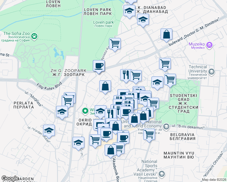 map of restaurants, bars, coffee shops, grocery stores, and more near 11 улица "проф. Христо Вакарелски" in Sofia