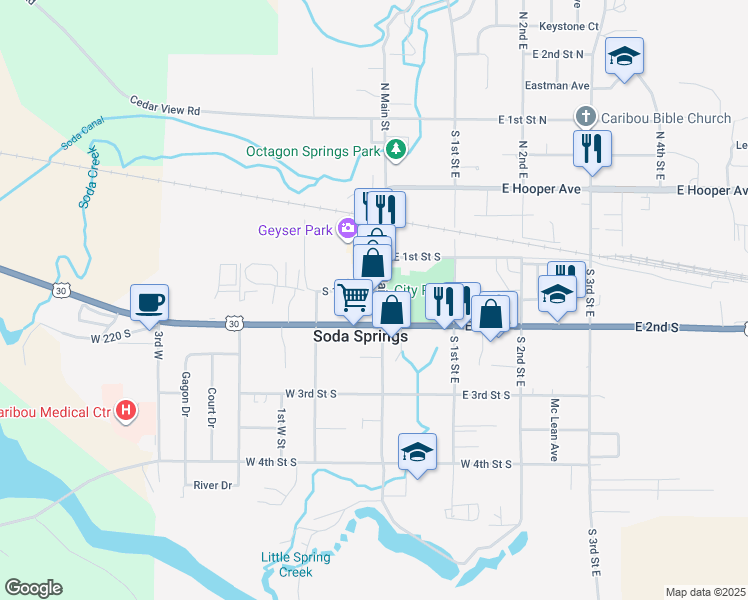 map of restaurants, bars, coffee shops, grocery stores, and more near 45 West Center Street in Soda Springs