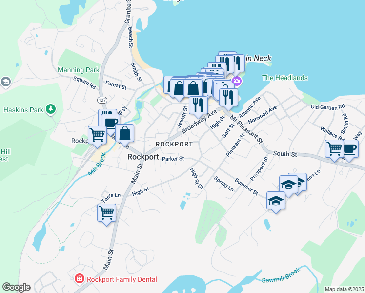 map of restaurants, bars, coffee shops, grocery stores, and more near in Rockport