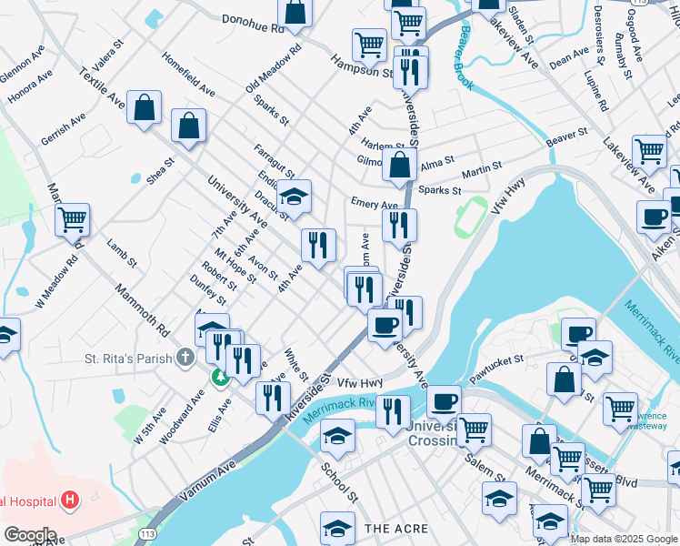 map of restaurants, bars, coffee shops, grocery stores, and more near 57 Woodcock Street in Lowell