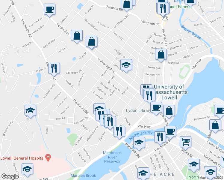 map of restaurants, bars, coffee shops, grocery stores, and more near 106 Avon Street in Lowell