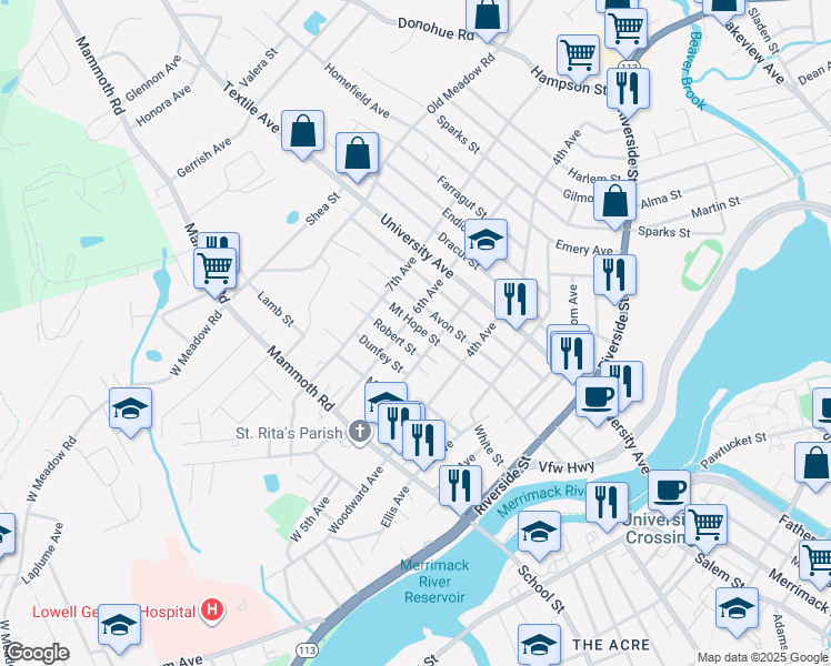 map of restaurants, bars, coffee shops, grocery stores, and more near 216 Mount Hope Street in Lowell