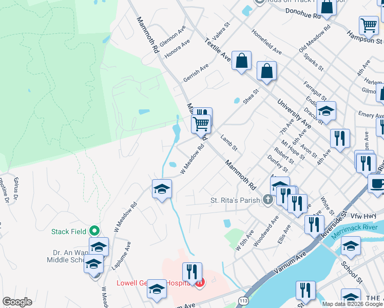 map of restaurants, bars, coffee shops, grocery stores, and more near 30 West Meadow Road in Lowell
