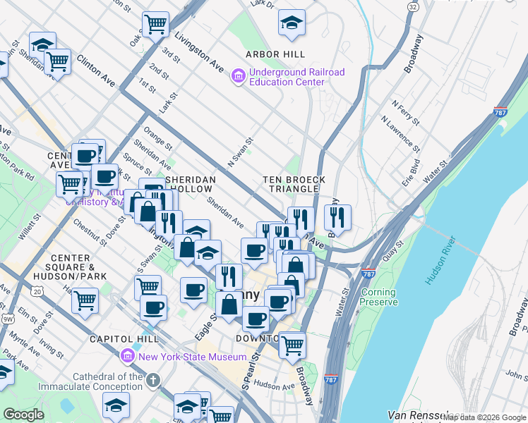 map of restaurants, bars, coffee shops, grocery stores, and more near 123 Orange Street in Albany