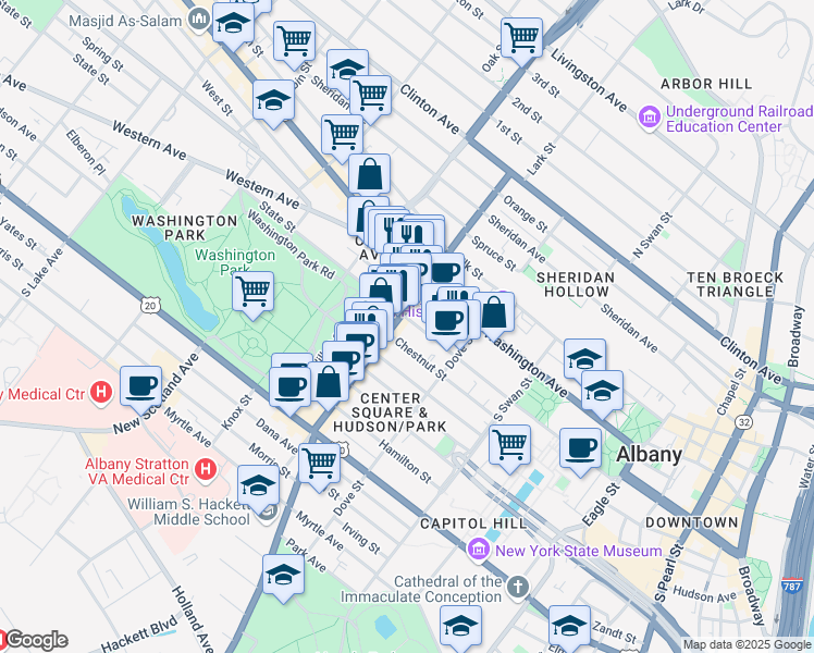 map of restaurants, bars, coffee shops, grocery stores, and more near 342 State Street in Albany