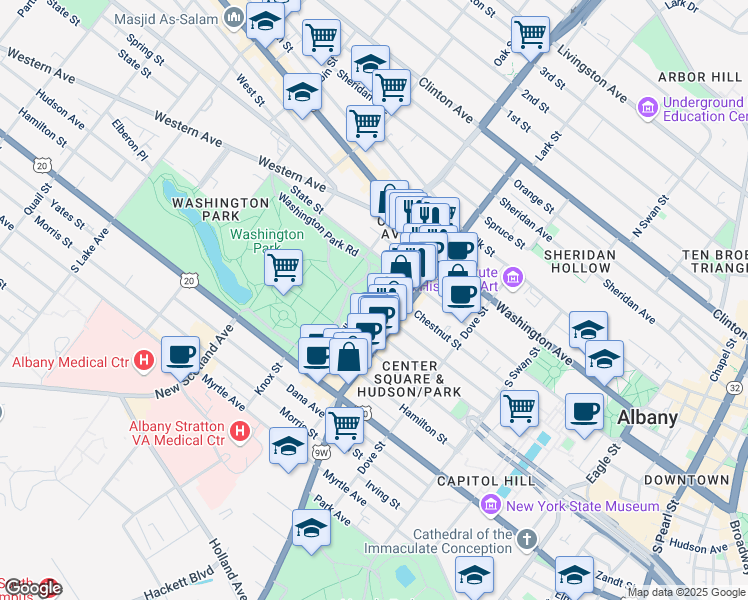map of restaurants, bars, coffee shops, grocery stores, and more near 235 Lark Street in Albany