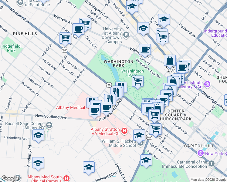 map of restaurants, bars, coffee shops, grocery stores, and more near 584 U.S. 20 in Albany