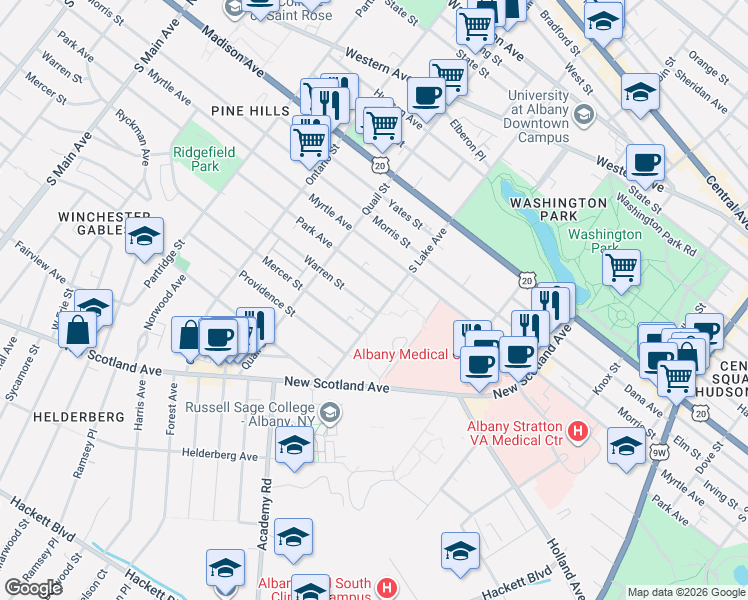 map of restaurants, bars, coffee shops, grocery stores, and more near 131 South Lake Avenue in Albany