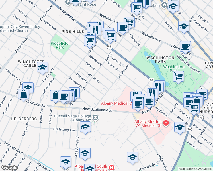 map of restaurants, bars, coffee shops, grocery stores, and more near 131 South Lake Avenue in Albany