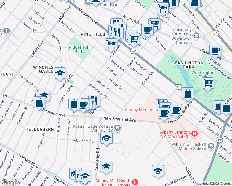 map of restaurants, bars, coffee shops, grocery stores, and more near 362 Quail Street in Albany