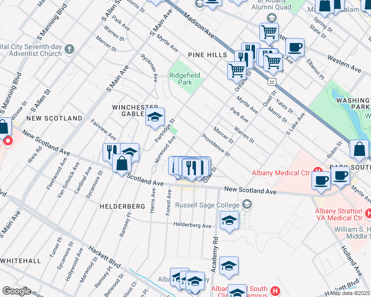 map of restaurants, bars, coffee shops, grocery stores, and more near 441 Ontario Street in Albany