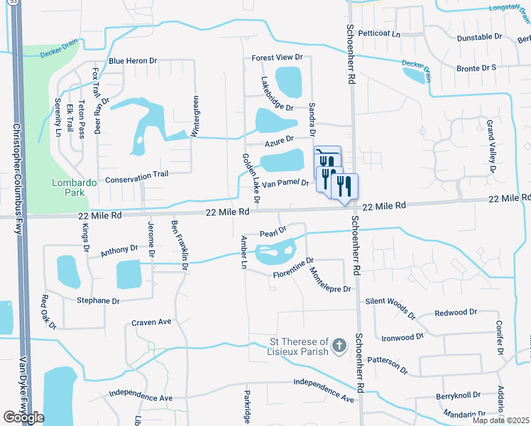 map of restaurants, bars, coffee shops, grocery stores, and more near 13050 22 Mile Road in Macomb County