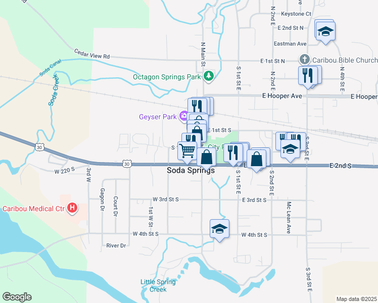 map of restaurants, bars, coffee shops, grocery stores, and more near 45 West Center Street in Soda Springs