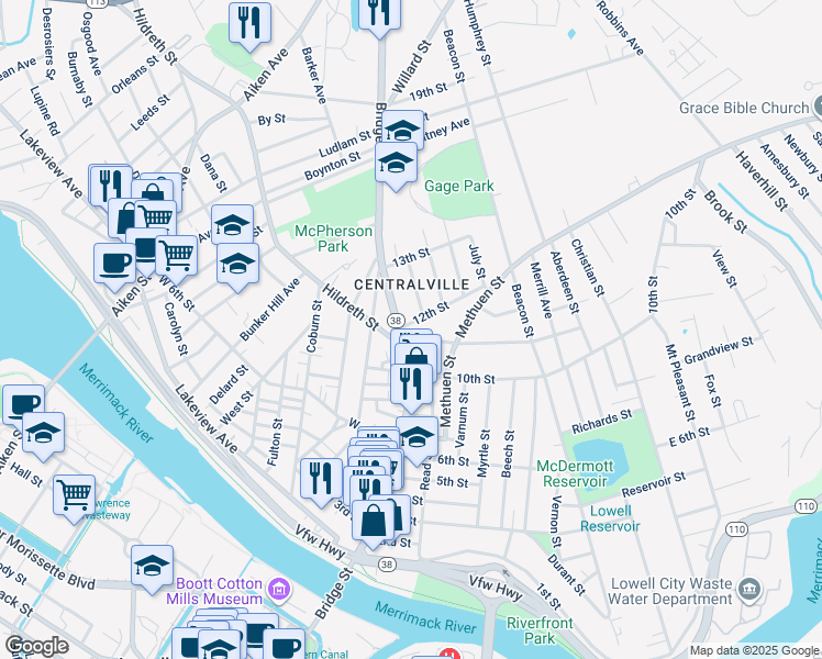 map of restaurants, bars, coffee shops, grocery stores, and more near 793 Bridge Street in Lowell