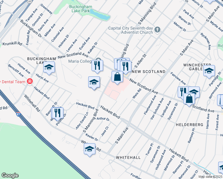 map of restaurants, bars, coffee shops, grocery stores, and more near 319 South Manning Boulevard in Albany