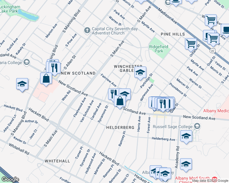 map of restaurants, bars, coffee shops, grocery stores, and more near 15 West Erie Street in Albany