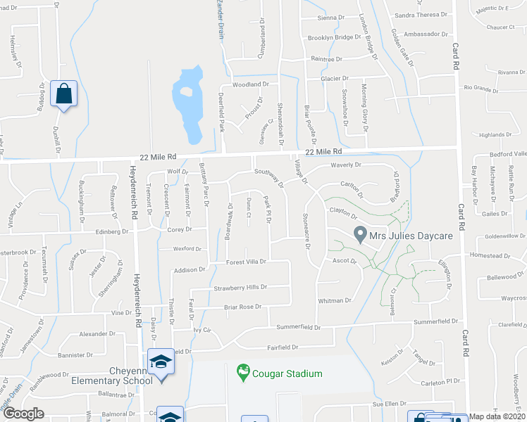 map of restaurants, bars, coffee shops, grocery stores, and more near 48671 Park Place Drive in Macomb
