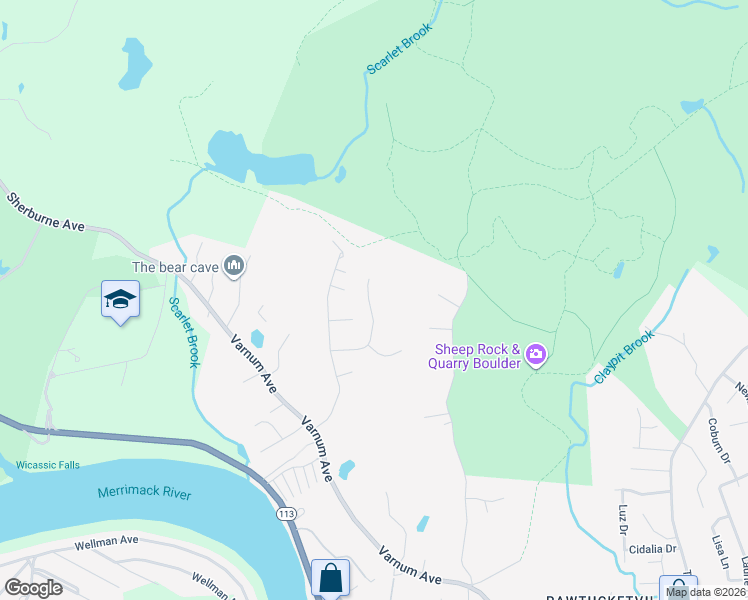 map of restaurants, bars, coffee shops, grocery stores, and more near 95 Charant Road in Lowell