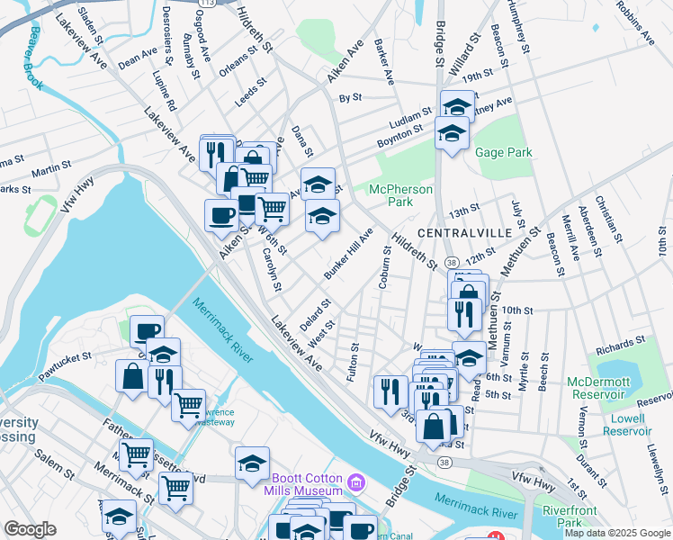 map of restaurants, bars, coffee shops, grocery stores, and more near 37 Unsworth Street in Lowell