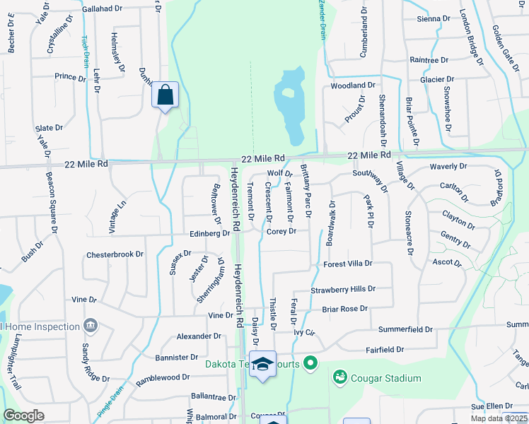map of restaurants, bars, coffee shops, grocery stores, and more near 48603 Crescent Drive in Macomb