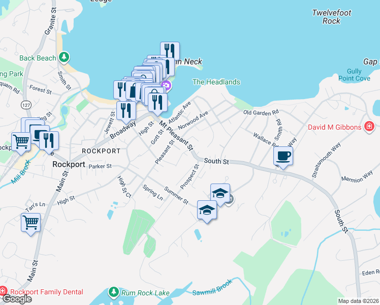map of restaurants, bars, coffee shops, grocery stores, and more near 61 Mount Pleasant Street in Rockport