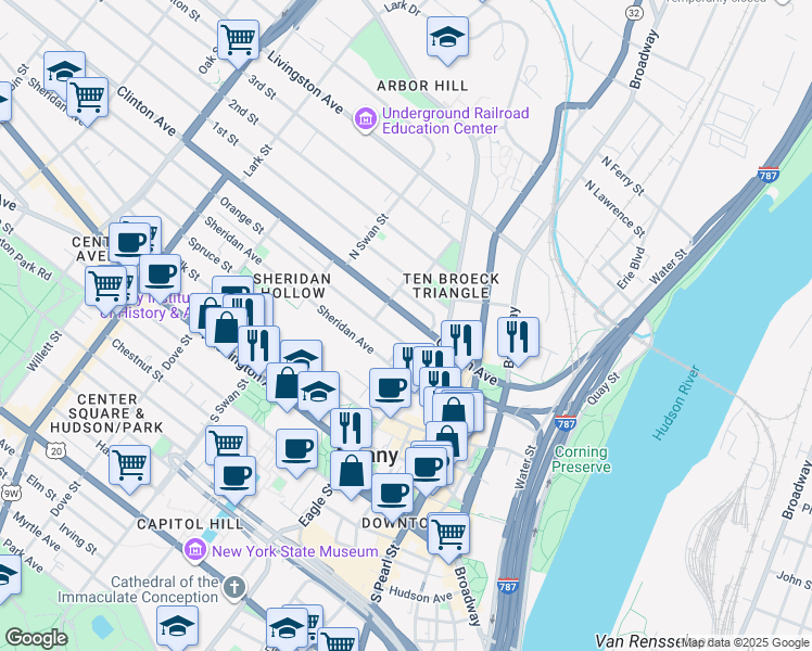 map of restaurants, bars, coffee shops, grocery stores, and more near 123 Orange Street in Albany
