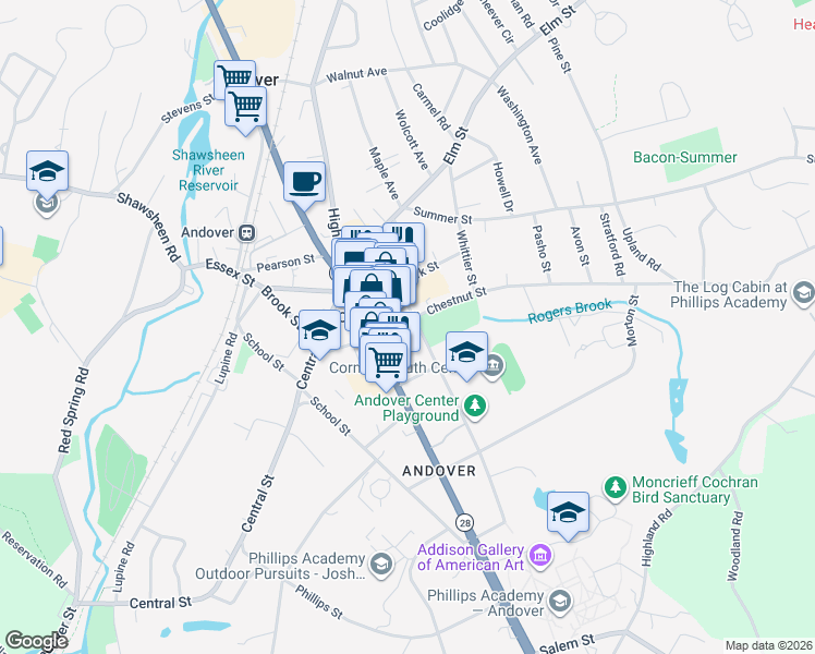 map of restaurants, bars, coffee shops, grocery stores, and more near in Andover
