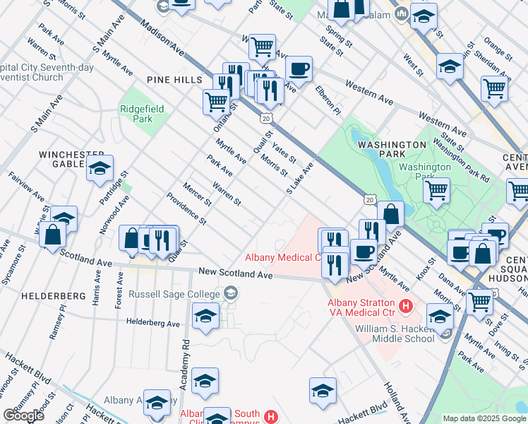 map of restaurants, bars, coffee shops, grocery stores, and more near 131 South Lake Avenue in Albany