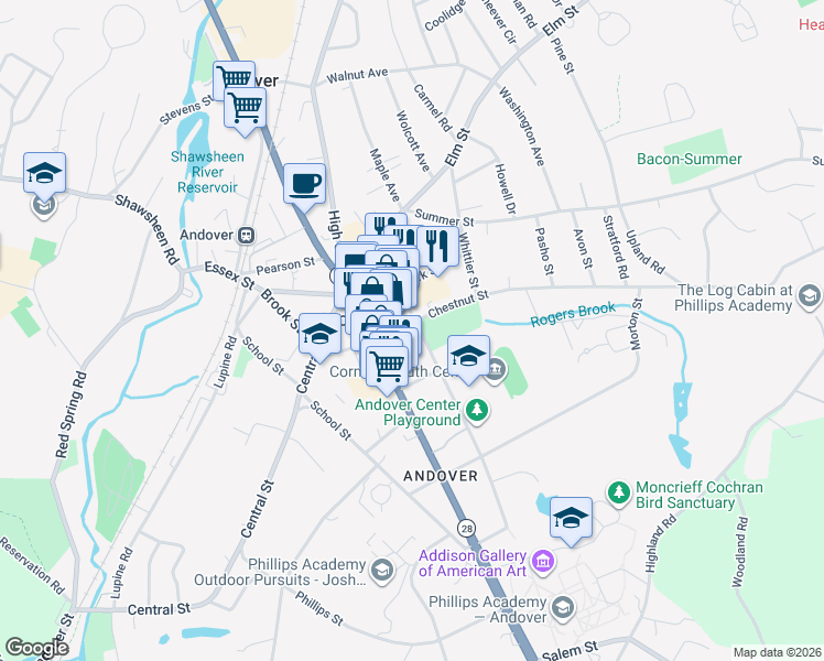 map of restaurants, bars, coffee shops, grocery stores, and more near 23 Bartlet Street in Andover