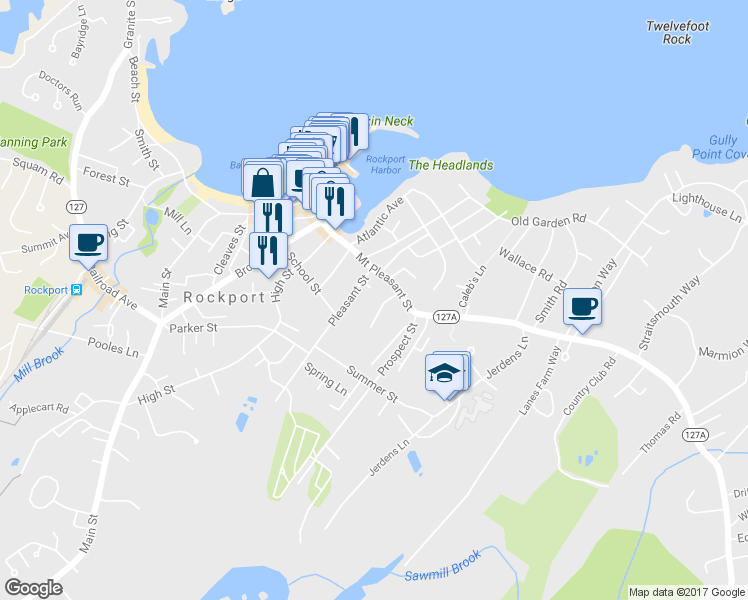 map of restaurants, bars, coffee shops, grocery stores, and more near 8 Willow Lane in Rockport