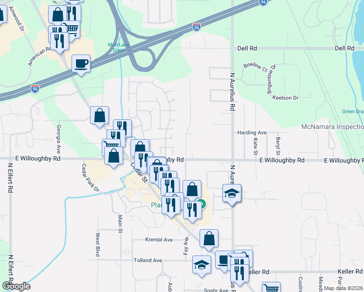 map of restaurants, bars, coffee shops, grocery stores, and more near 7032 Kingdon Avenue in Lansing