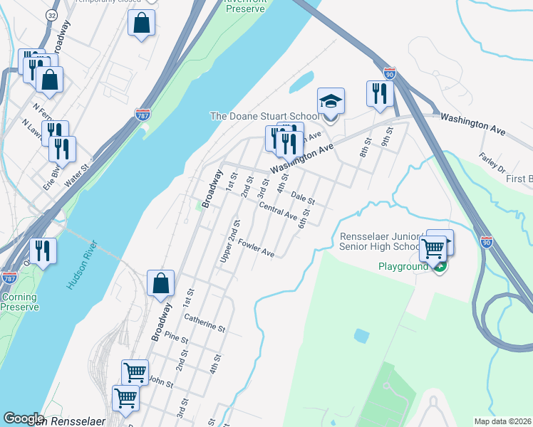 map of restaurants, bars, coffee shops, grocery stores, and more near 1579 4th Street in Rensselaer