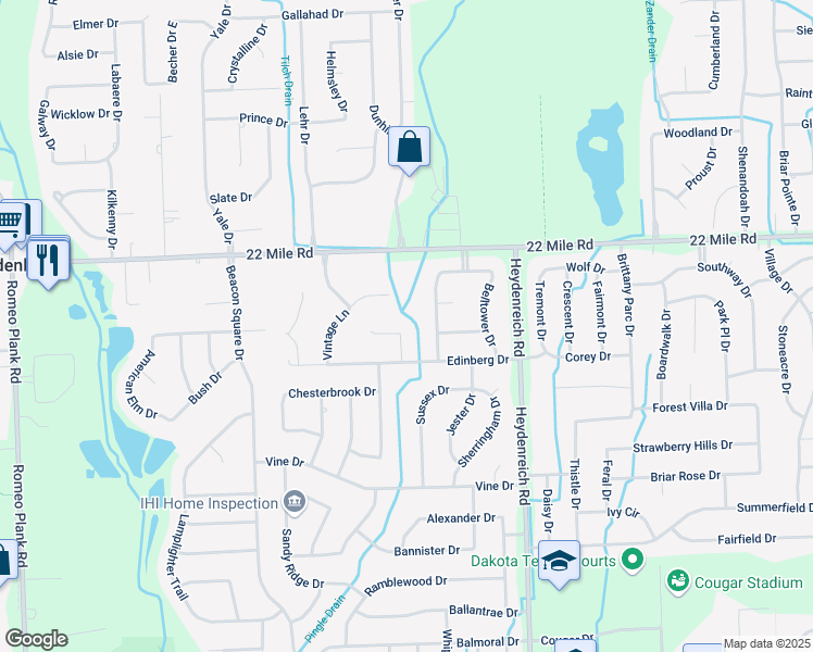 map of restaurants, bars, coffee shops, grocery stores, and more near 20241 Newcastle Court in Macomb