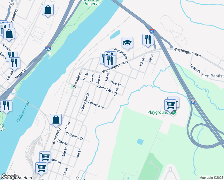 map of restaurants, bars, coffee shops, grocery stores, and more near 1606 5th Street in Rensselaer