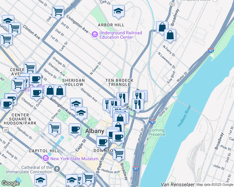 map of restaurants, bars, coffee shops, grocery stores, and more near 12 Ten Broeck Street in Albany