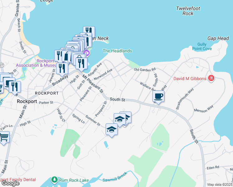 map of restaurants, bars, coffee shops, grocery stores, and more near 9 Marbee Road in Rockport