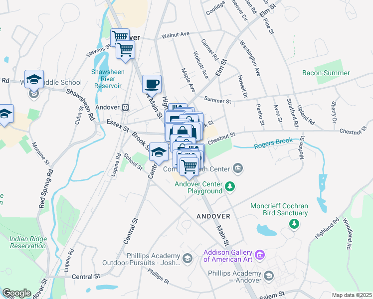 map of restaurants, bars, coffee shops, grocery stores, and more near 28 Chestnut Street in Andover