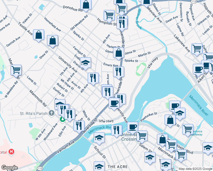 map of restaurants, bars, coffee shops, grocery stores, and more near 57 Woodcock Street in Lowell