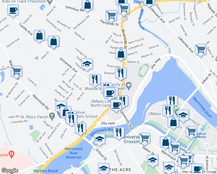 map of restaurants, bars, coffee shops, grocery stores, and more near 57 Woodcock Street in Lowell