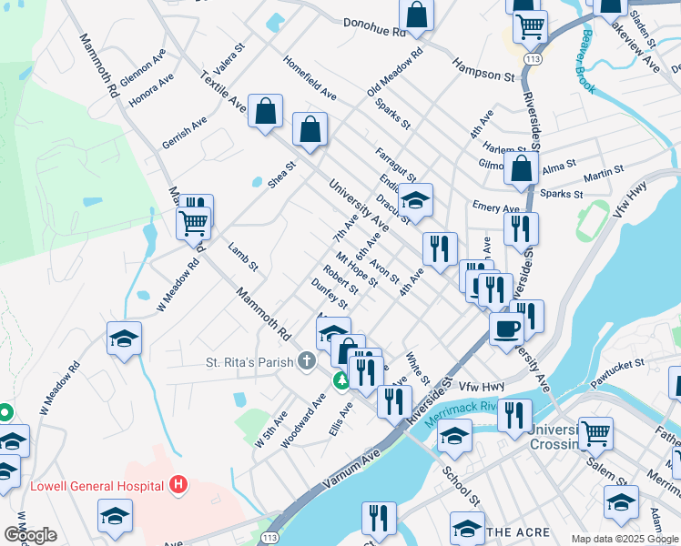 map of restaurants, bars, coffee shops, grocery stores, and more near 216 Mount Hope Street in Lowell