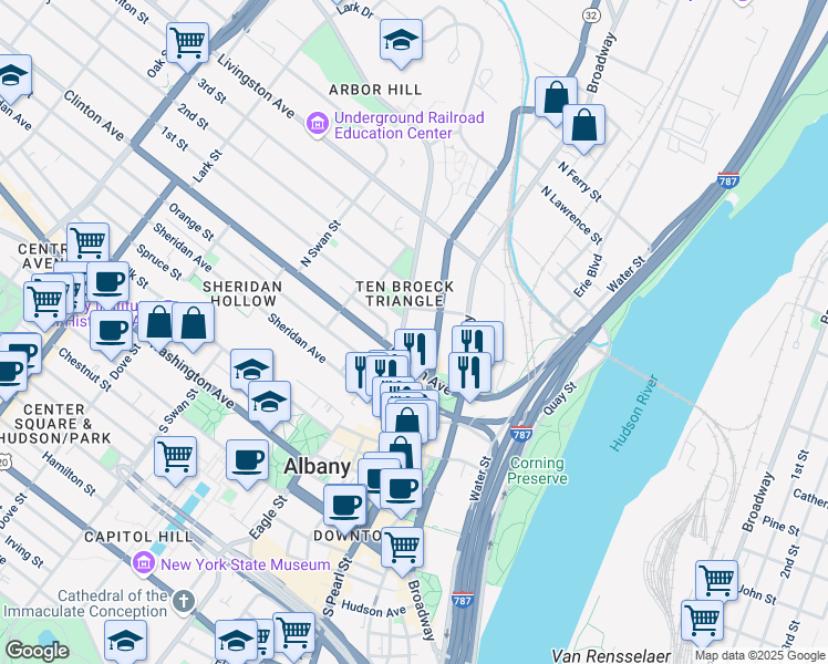 map of restaurants, bars, coffee shops, grocery stores, and more near 15 Ten Broeck Street in Albany