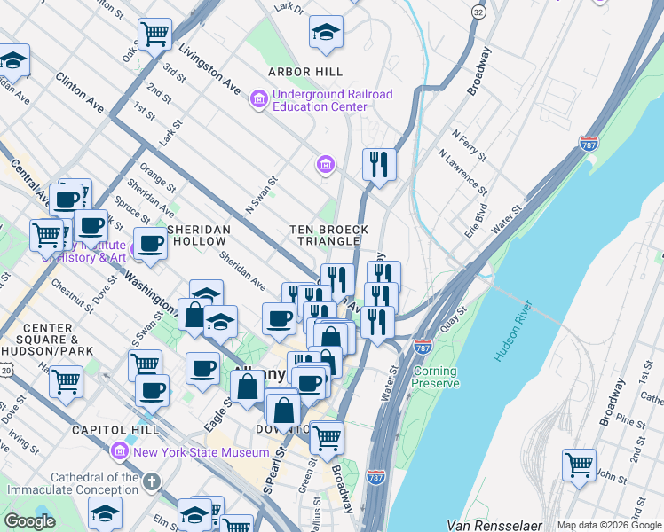 map of restaurants, bars, coffee shops, grocery stores, and more near 15 Ten Broeck Street in Albany