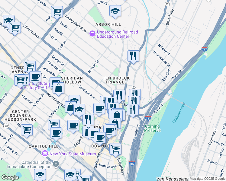map of restaurants, bars, coffee shops, grocery stores, and more near in Albany