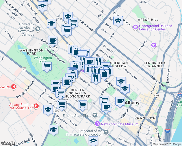 map of restaurants, bars, coffee shops, grocery stores, and more near 18 Spring Street in Albany