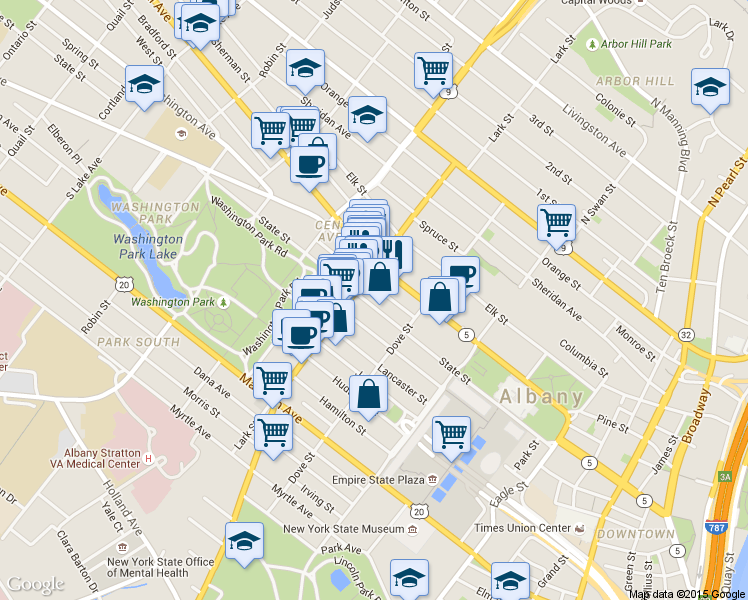 map of restaurants, bars, coffee shops, grocery stores, and more near 342 State Street in Albany